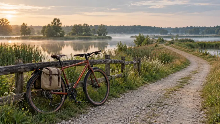 Dolina baryczy trasy rowerowe: Rower przy szutrowej ścieżce nad stawami w Dolinie Baryczy