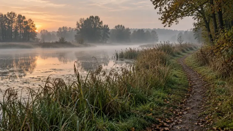 Park krajobrazowy dolina baryczy: Ścieżka wśród trzcin nad spokojnym stawem w porannej mgle